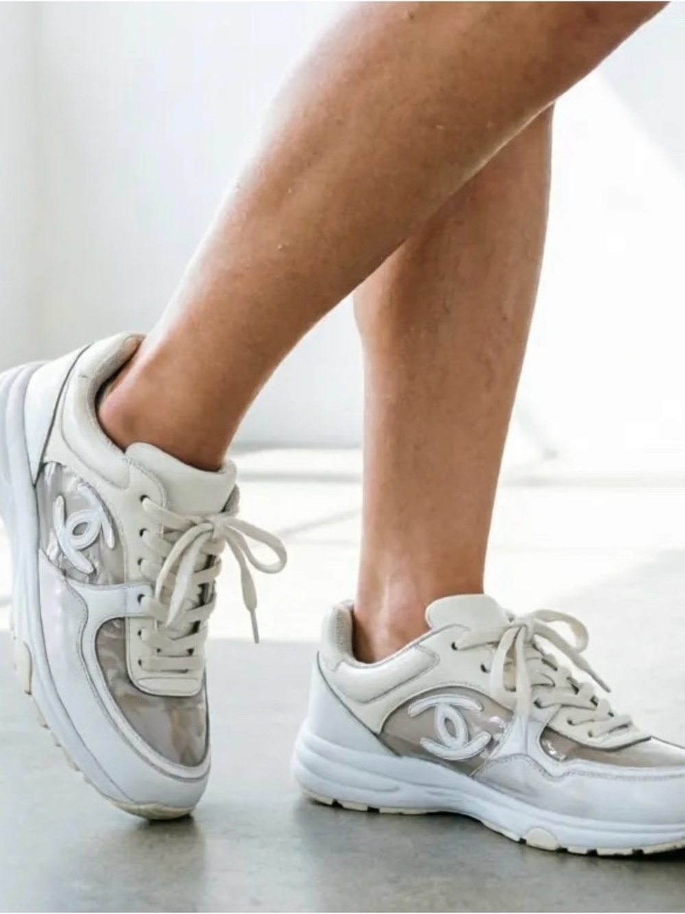 CHANEL White Leather & Mesh CC Logo Sneakers